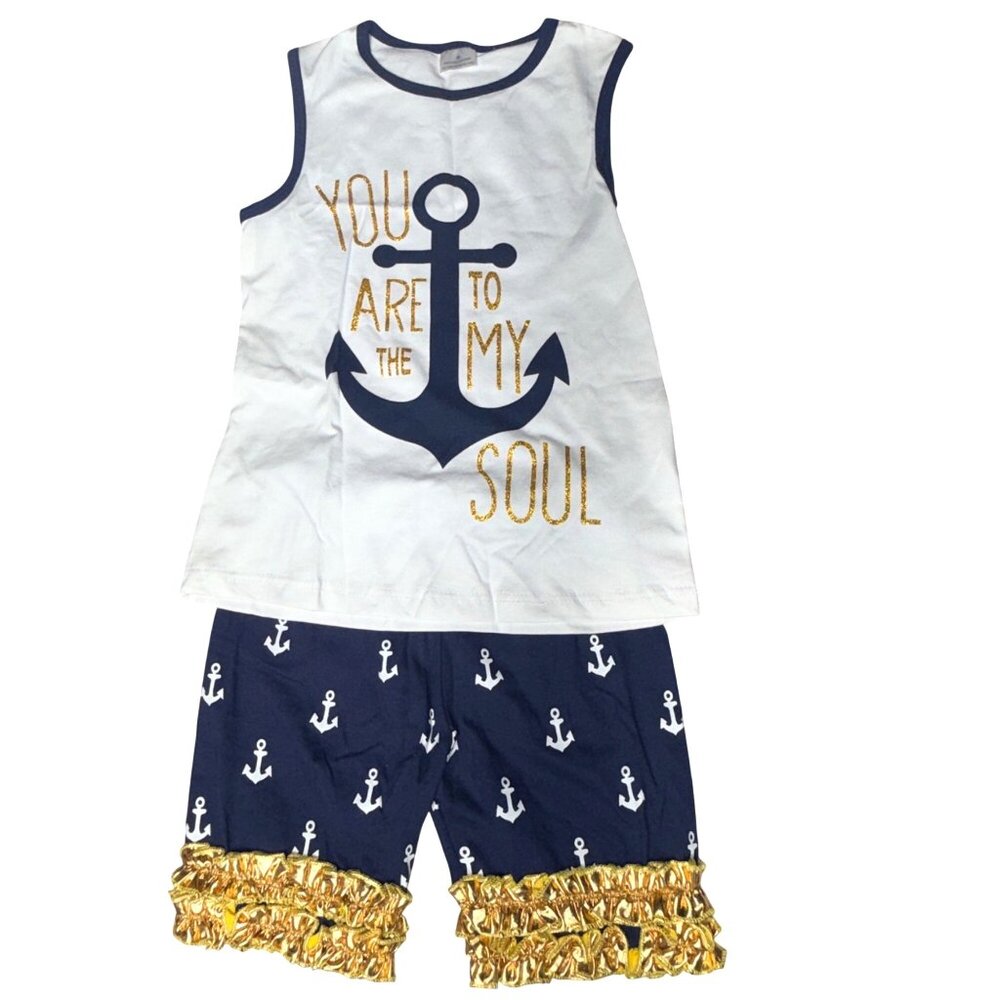 Anchor Graphic Top & Ruffle Shorts Toddler Girls Size M Navy/White Gold Trim